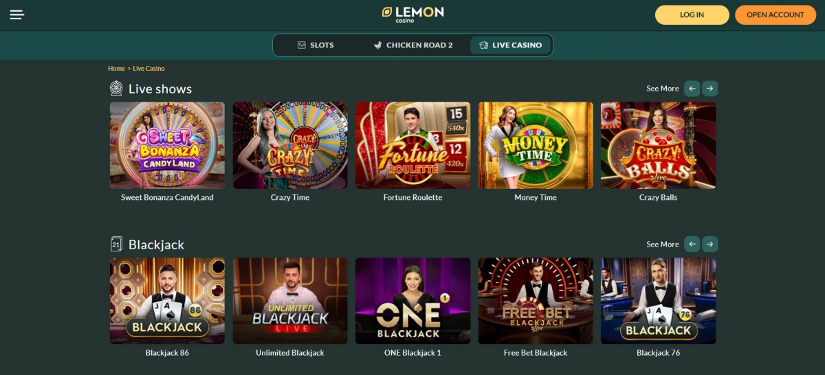 lemon live casino games
